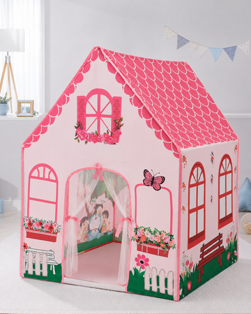 Kiddlix Pink Princess Cottage Extra Large Kids Play Tent House for 2 Children, Foldable Indoor Playhouse with Premium Polyester Fabric & Fiberglass Frame (3–10 Years)