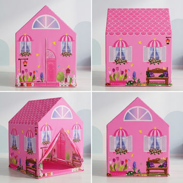 Kiddlix Pink Garden Cottage Kids Play Tent House, Foldable Indoor Playhouse with Premium Polyester Fabric & Fiberglass Frame, Portable Pretend Play Tent for Girls (3–10 Years)