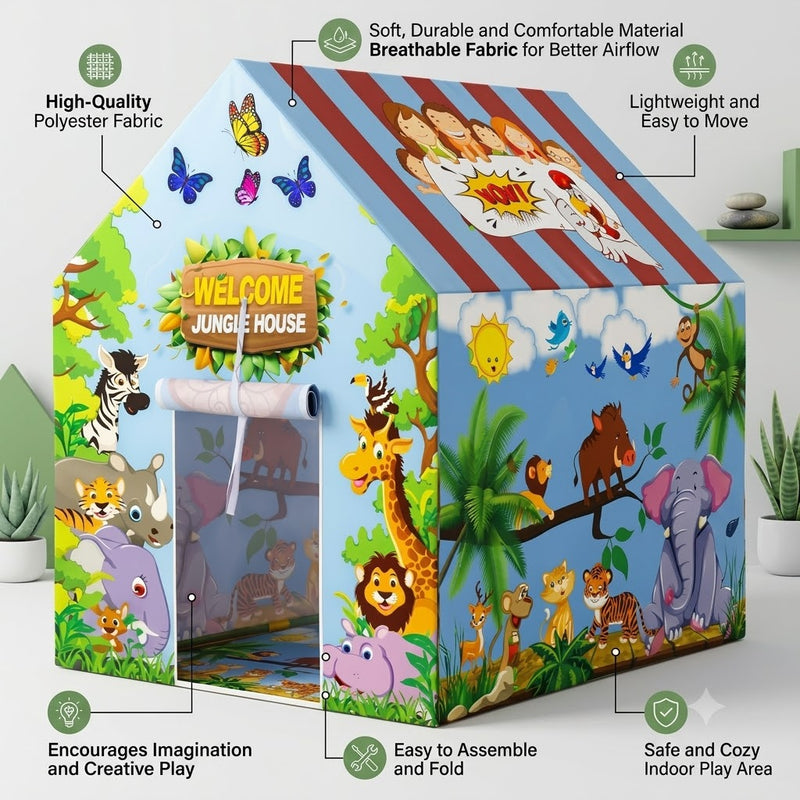 Kiddlix Jungle Adventure Kids Play Tent House, Foldable Indoor Playhouse with Premium Polyester Fabric & Fiberglass Frame for Boys & Girls (3–10 Years)
