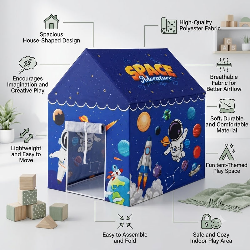 Kiddlix Space Adventure Kids Play Tent House, Foldable Indoor Playhouse with Premium Polyester Fabric & Fiberglass Frame for Boys & Girls (3–10 Years)