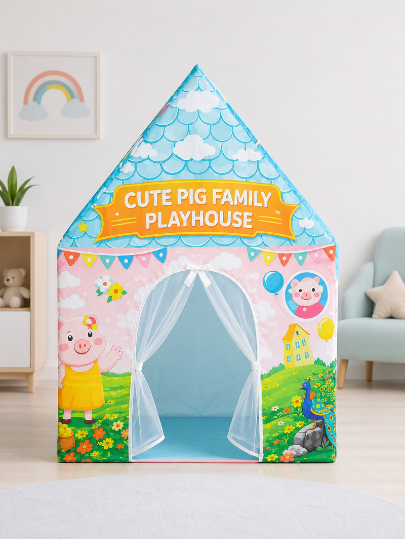 Kiddlix Cute Pig Family Extra Large Kids Play Tent House for 2 Children, Foldable Indoor Playhouse with Premium Polyester Fabric & Fiberglass Frame (3–10 Years)