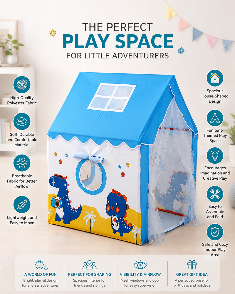Kiddlix Dinosaur Kids Play Tent House with Mesh Curtain Door, Foldable Indoor Playhouse, Polyester Fabric Tent for Boys & Girls (3–10 Years)