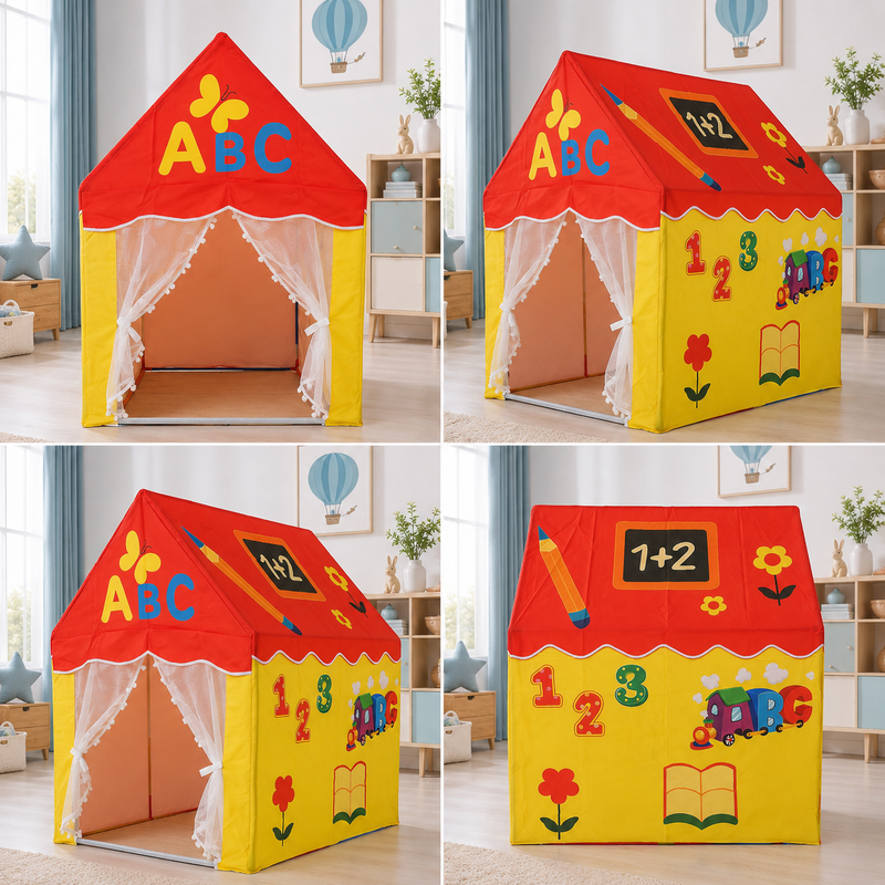 Kiddlix Educational ABC Learning Kids Play Tent House with Curtain Door, Foldable Indoor Playhouse, Polyester Fabric Tent for Boys & Girls (3–10 Years)