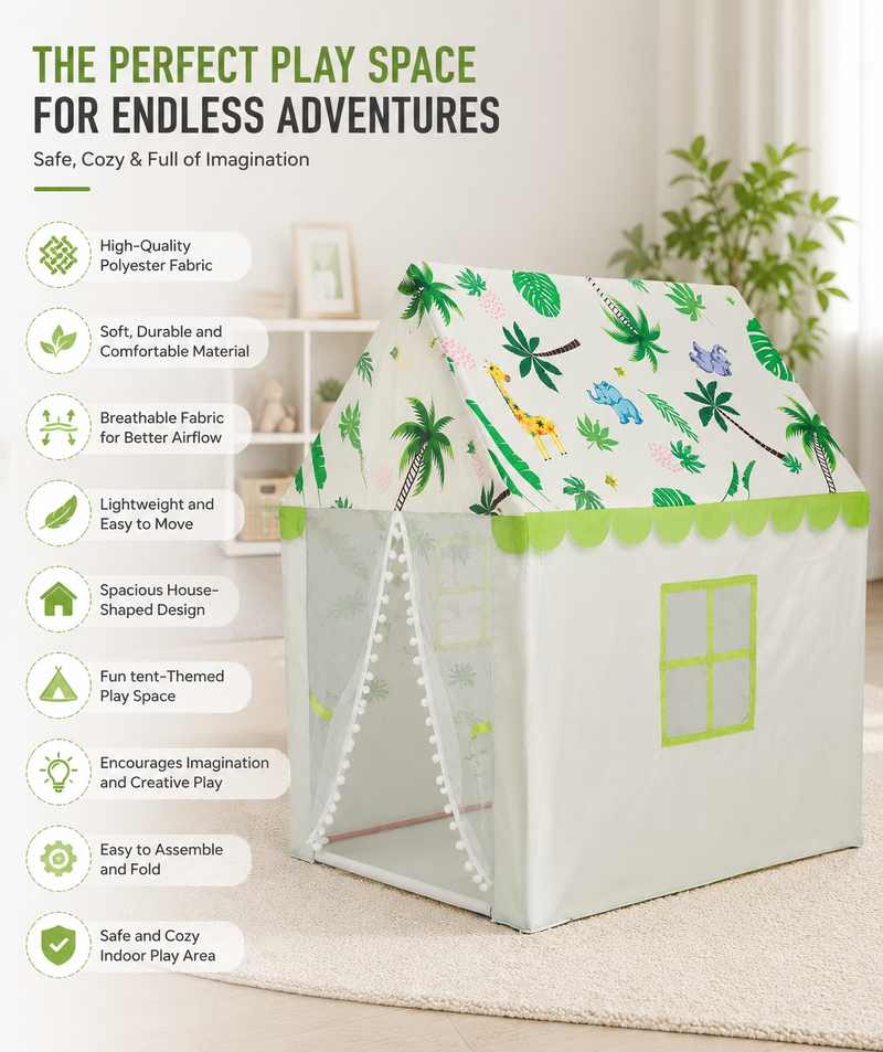 Kiddlix Jungle Safari Kids Play Tent House with Mesh Curtain Door, Animal Theme Indoor Outdoor Playhouse for Boys & Girls Age 3–10 Years