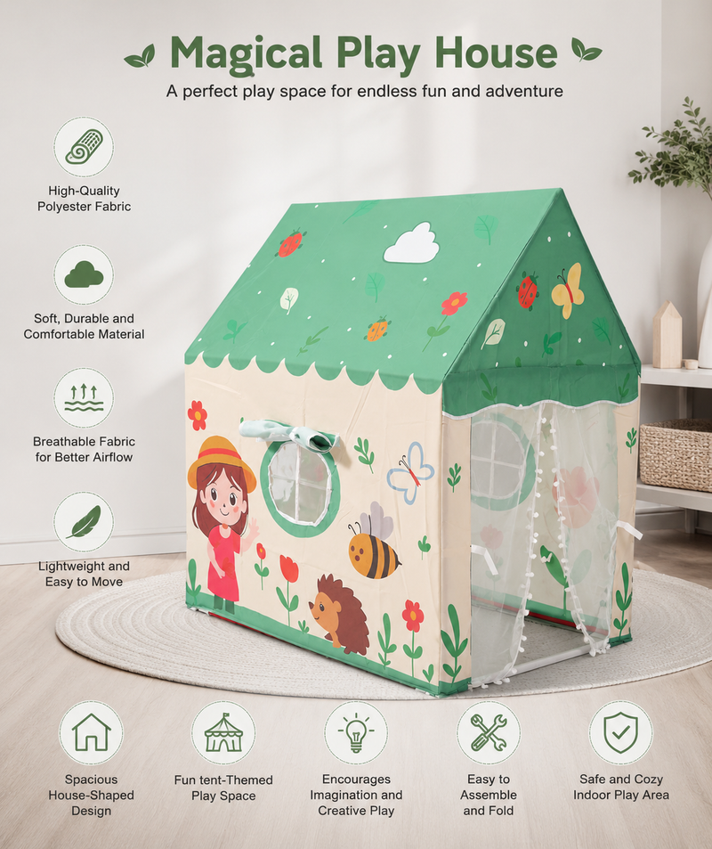 Kiddlix Garden Adventure Kids Play Tent House with Mesh Curtains & Nature Theme Indoor Outdoor Playhouse for Boys & Girls Age 3-10 Years
