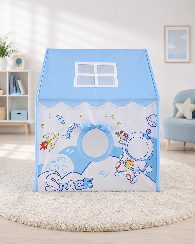 Kiddlix Space Adventure Kids Play Tent House with Mesh Curtain Door, Astronaut Theme Indoor Outdoor Playhouse for Boys & Girls Age 3–10 Years