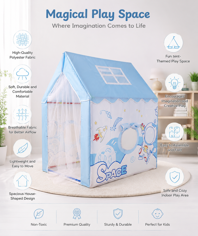 Kiddlix Space Adventure Kids Play Tent House with Mesh Curtain Door, Astronaut Theme Indoor Outdoor Playhouse for Boys & Girls Age 3–10 Years