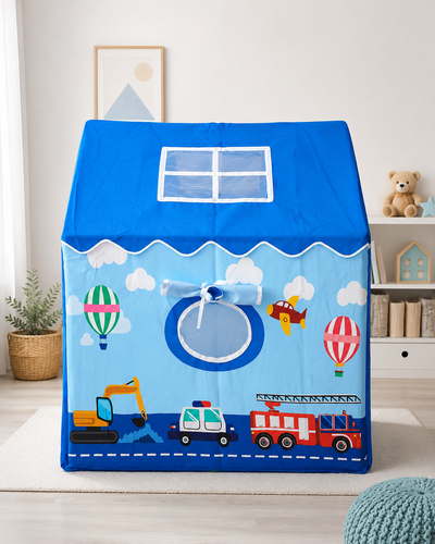 Kiddlix Blue Vehicle Theme Kids Play Tent House | Foldable Indoor Playhouse with Premium Polyester Fabric, Mesh Curtain Door, Side Round Window & Fiberglass Frame | Portable Pretend Play Tent for Boys & Girls (3–10 Years)