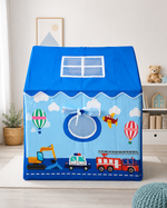 Kiddlix Blue Vehicle Theme Kids Play Tent House | Foldable Indoor Playhouse with Premium Polyester Fabric, Mesh Curtain Door, Side Round Window & Fiberglass Frame | Portable Pretend Play Tent for Boys & Girls (3–10 Years)