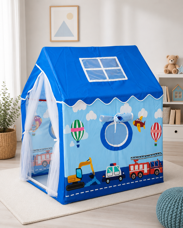 Toynix Blue Vehicle Theme Kids Play Tent House | Foldable Indoor Playhouse with Premium Polyester Fabric, Mesh Curtain Door, Side Round Window & Fiberglass Frame | Portable Pretend Play Tent for Boys & Girls (3–10 Years)