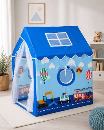 Kiddlix Blue Vehicle Theme Kids Play Tent House | Foldable Indoor Playhouse with Premium Polyester Fabric, Mesh Curtain Door, Side Round Window & Fiberglass Frame | Portable Pretend Play Tent for Boys & Girls (3–10 Years)