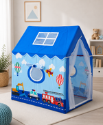 Kiddlix Blue Vehicle Theme Kids Play Tent House | Foldable Indoor Playhouse with Premium Polyester Fabric, Mesh Curtain Door, Side Round Window & Fiberglass Frame | Portable Pretend Play Tent for Boys & Girls (3–10 Years)
