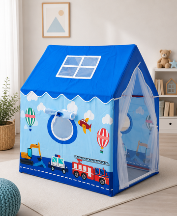 Kiddlix Blue Vehicle Theme Kids Play Tent House | Foldable Indoor Playhouse with Premium Polyester Fabric, Mesh Curtain Door, Side Round Window & Fiberglass Frame | Portable Pretend Play Tent for Boys & Girls (3–10 Years)