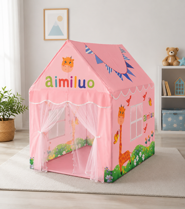 Kiddlix Pink Giraffe Theme Kids Play Tent House. Foldable Indoor Playhouse with Premium Polyester Fabric, Mesh Curtain Door, Side Windows & Fiberglass Frame. Portable Pretend Play Tent for Boys & Girls (3–10 Years)