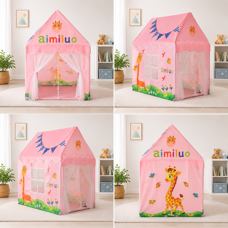 Kiddlix Pink Giraffe Theme Kids Play Tent House. Foldable Indoor Playhouse with Premium Polyester Fabric, Mesh Curtain Door, Side Windows & Fiberglass Frame. Portable Pretend Play Tent for Boys & Girls (3–10 Years)