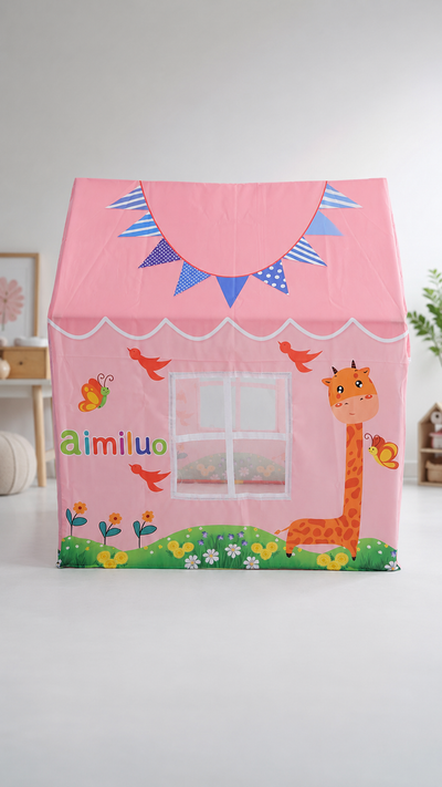 Kiddlix Pink Giraffe Theme Kids Play Tent House. Foldable Indoor Playhouse with Premium Polyester Fabric, Mesh Curtain Door, Side Windows & Fiberglass Frame. Portable Pretend Play Tent for Boys & Girls (3–10 Years)