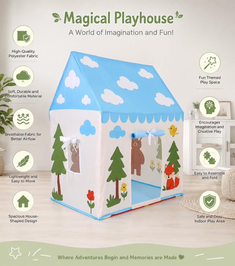 Kiddlix Forest Theme Kids Play Tent House, Foldable Indoor Playhouse with Polyester Fabric & Fiberglass Frame, Portable Pretend Play Tent for Boys & Girls (3–10 Years)