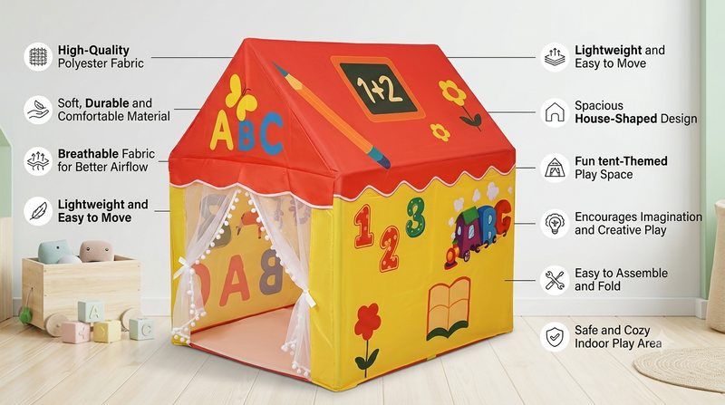 Kiddlix Educational ABC Learning Kids Play Tent House with Curtain Door, Foldable Indoor Playhouse, Polyester Fabric Tent for Boys & Girls (3–10 Years)