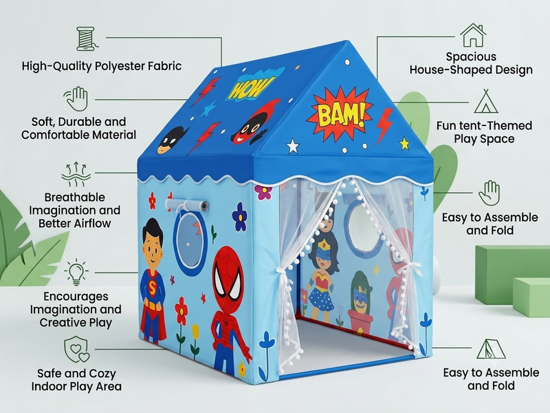 Kiddlix Kids Play Tent House. Superhero Theme Indoor & Outdoor Playhouse for Boys & Girls Age 3-8 Years. Foldable & Portable Play Tent