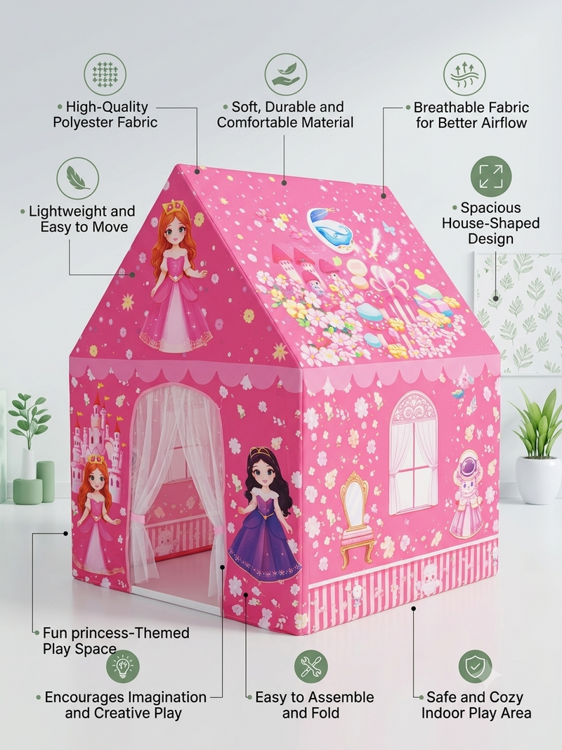 Kiddlix Princess Castle Extra Large Kids Play Tent House for 2 Children, Foldable Indoor Playhouse with Premium Polyester Fabric & Fiberglass Frame (3–10 Years)