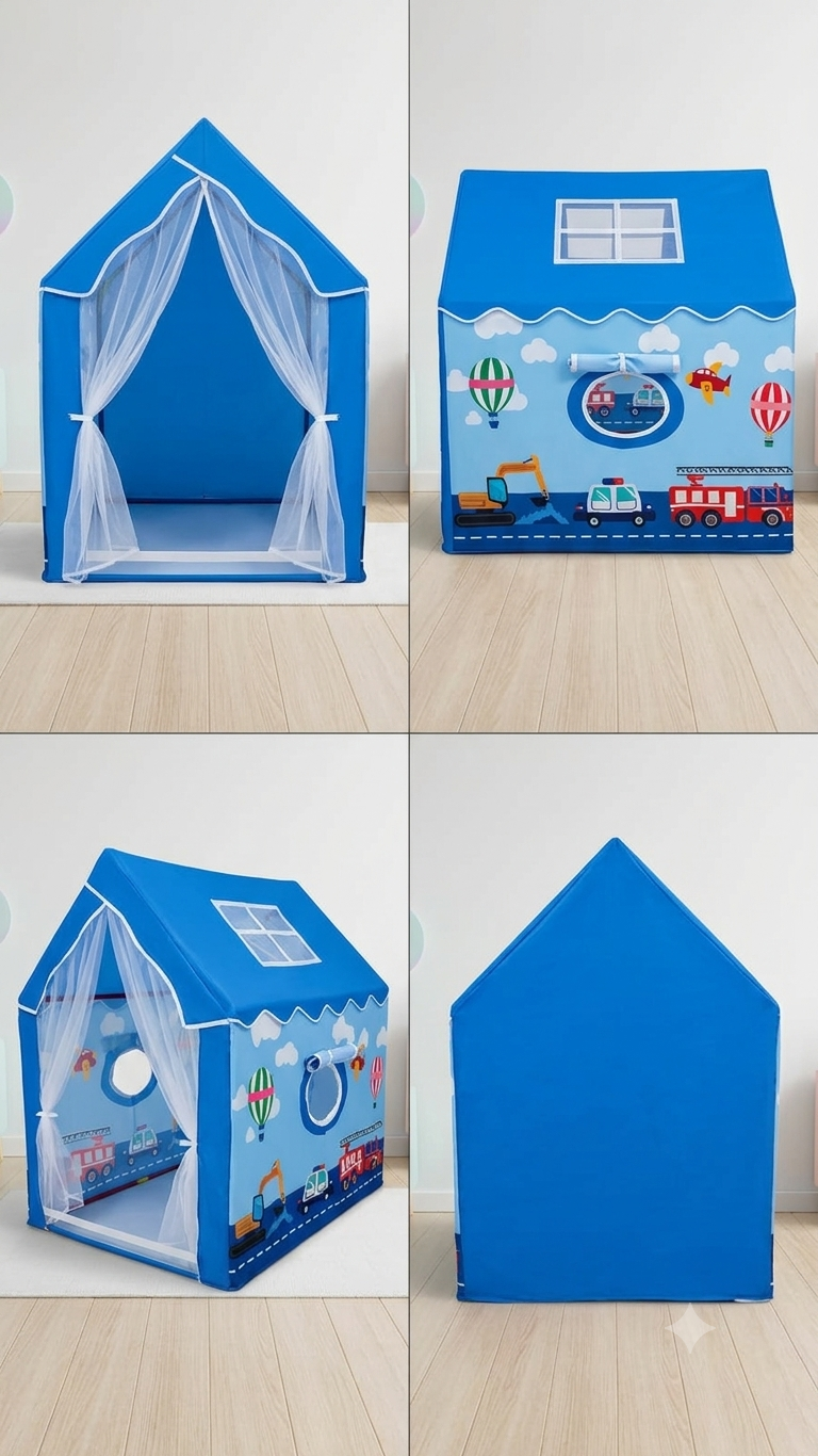 Kiddlix Blue Vehicle Theme Kids Play Tent House | Foldable Indoor Playhouse with Premium Polyester Fabric, Mesh Curtain Door, Side Round Window & Fiberglass Frame | Portable Pretend Play Tent for Boys & Girls (3–10 Years)