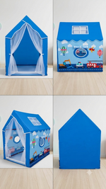 Kiddlix Blue Vehicle Theme Kids Play Tent House | Foldable Indoor Playhouse with Premium Polyester Fabric, Mesh Curtain Door, Side Round Window & Fiberglass Frame | Portable Pretend Play Tent for Boys & Girls (3–10 Years)