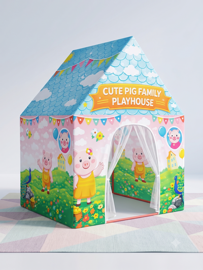 Kiddlix Cute Pig Family Extra Large Kids Play Tent House for 2 Children, Foldable Indoor Playhouse with Premium Polyester Fabric & Fiberglass Frame (3–10 Years)