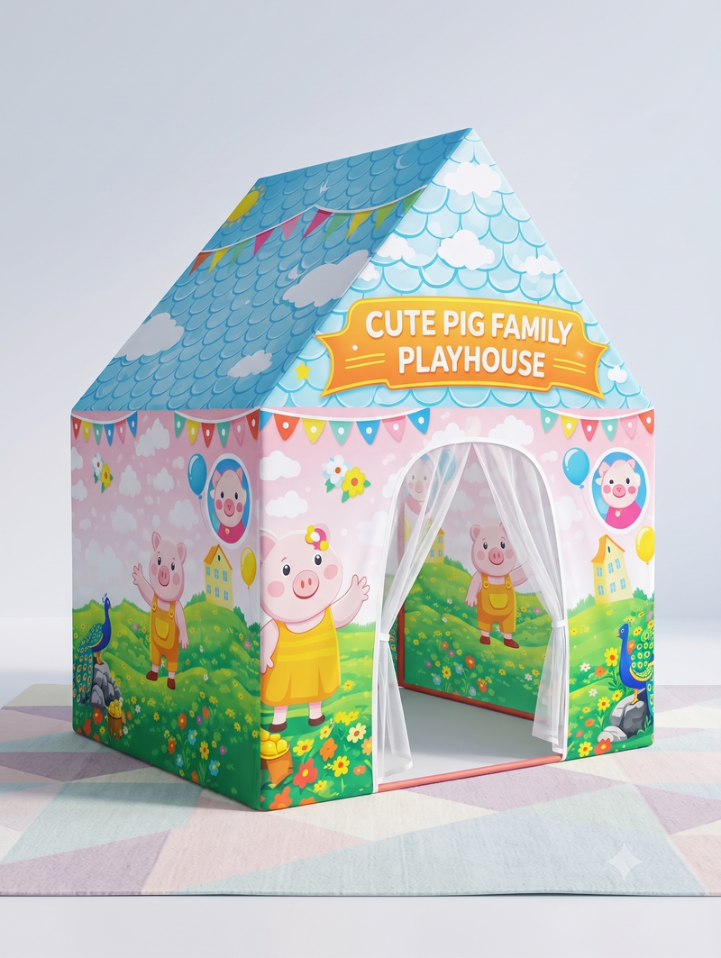 Kiddlix Cute Pig Family Extra Large Kids Play Tent House for 2 Children, Foldable Indoor Playhouse with Premium Polyester Fabric & Fiberglass Frame (3–10 Years)