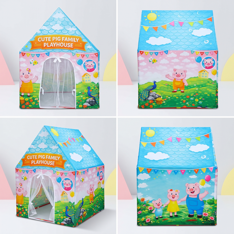 Kiddlix Cute Pig Family Extra Large Kids Play Tent House for 2 Children, Foldable Indoor Playhouse with Premium Polyester Fabric & Fiberglass Frame (3–10 Years)