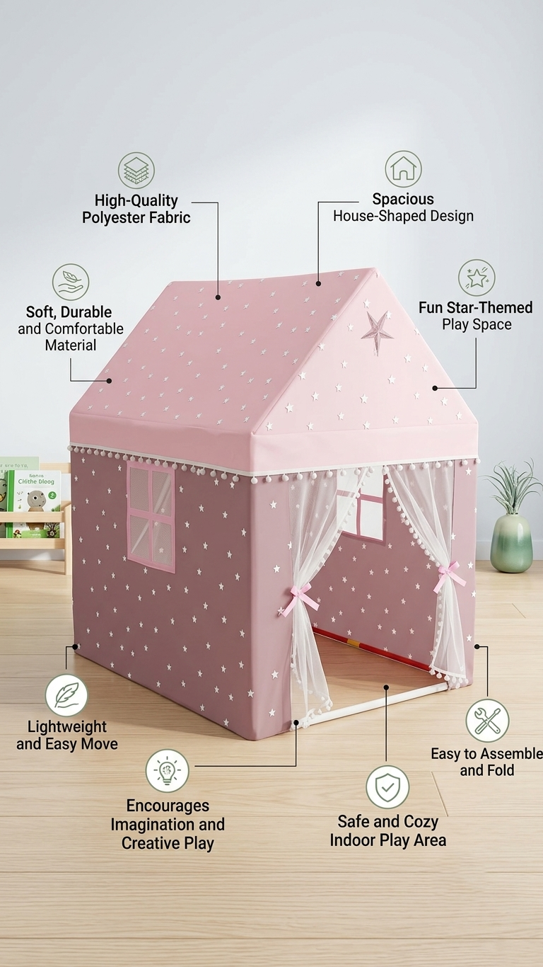 Kiddlix Kids Play Tent House. Pink Fairy Castle Theme Indoor & Outdoor Playhouse for Boys & Girls Age 3-8 Years. Foldable & Portable Play Tent
