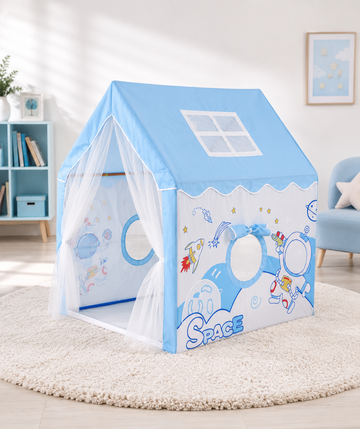Kiddlix Space Adventure Kids Play Tent House with Mesh Curtain Door, Astronaut Theme Indoor Outdoor Playhouse for Boys & Girls Age 3–10 Years