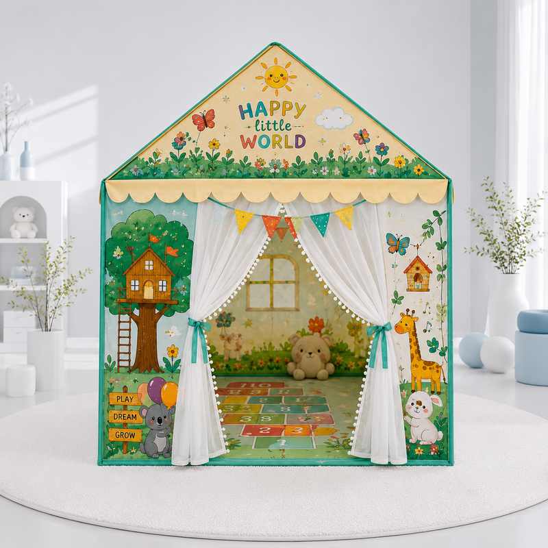Kiddlix Happy Little World Extra Large Kids Play Tent House for 2 Children, Foldable Indoor Playhouse with Premium Polyester Fabric & Fiberglass Frame (3–10 Years)