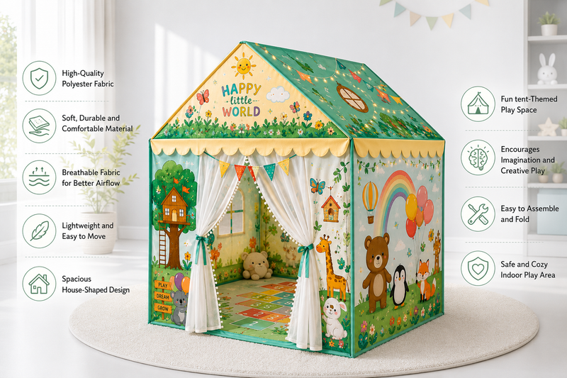 Kiddlix Happy Little World Extra Large Kids Play Tent House for 2 Children, Foldable Indoor Playhouse with Premium Polyester Fabric & Fiberglass Frame (3–10 Years)