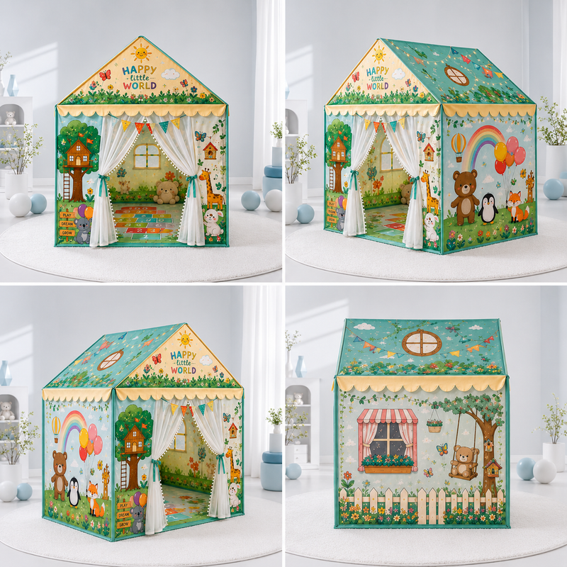 Kiddlix Happy Little World Extra Large Kids Play Tent House for 2 Children, Foldable Indoor Playhouse with Premium Polyester Fabric & Fiberglass Frame (3–10 Years)