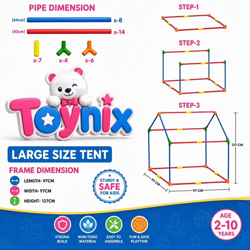Toynix Happy Little World Extra Large Kids Play Tent House for 2 Children, Foldable Indoor Playhouse with Premium Polyester Fabric & Fiberglass Frame (3–10 Years)