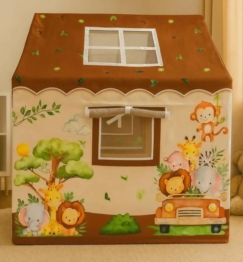 Kiddlix Safari Theme Kids Play Tent House, Foldable Indoor Playhouse with Premium Polyester Fabric & Fiberglass Frame, Mesh Curtain Door, Portable Pretend Play Tent for Boys & Girls (3–10 Years)