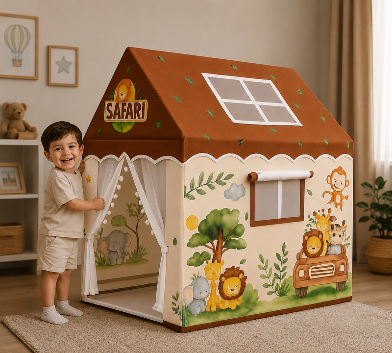 Kiddlix Safari Theme Kids Play Tent House, Foldable Indoor Playhouse with Premium Polyester Fabric & Fiberglass Frame, Mesh Curtain Door, Portable Pretend Play Tent for Boys & Girls (3–10 Years)