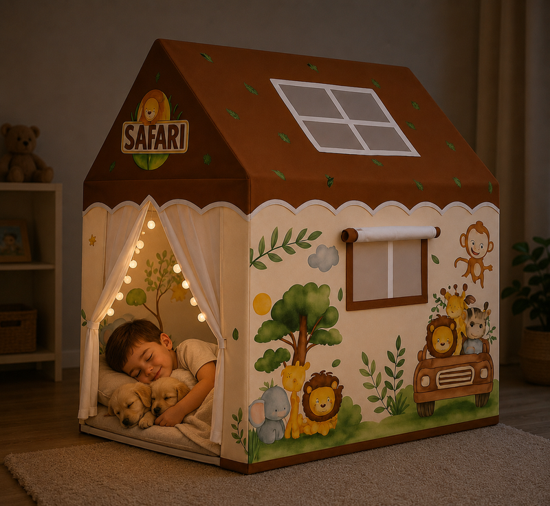 Kiddlix Safari Theme Kids Play Tent House, Foldable Indoor Playhouse with Premium Polyester Fabric & Fiberglass Frame, Mesh Curtain Door, Portable Pretend Play Tent for Boys & Girls (3–10 Years)
